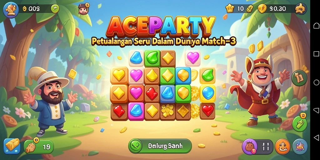 Screenshot utama ACEPARTY menampilkan gameplay Match-3 yang menantang.
