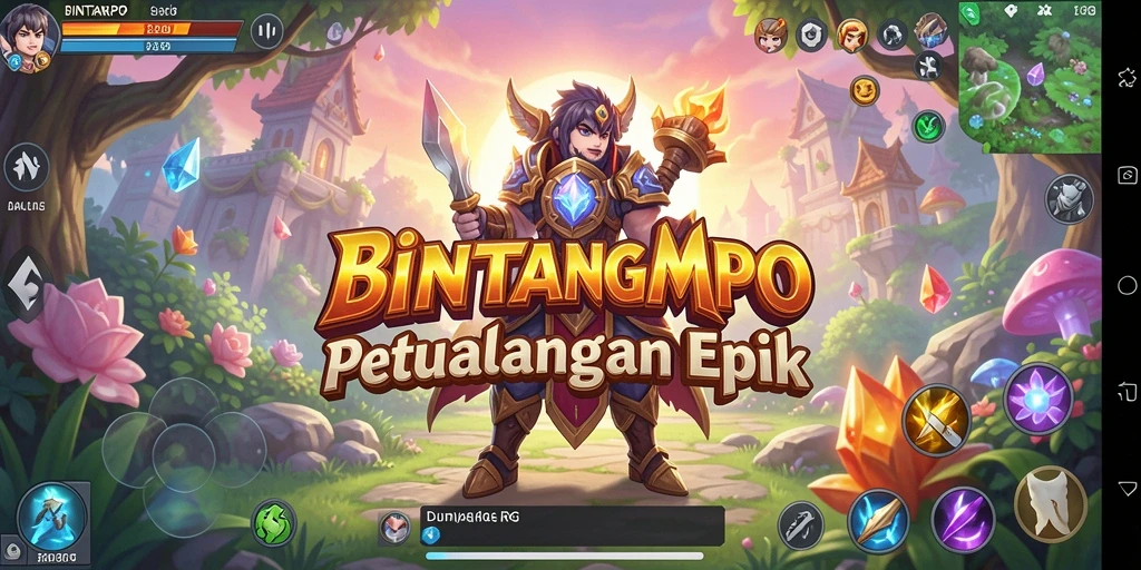 Screenshot gameplay BINTANGMPO menampilkan pertarungan epik dan dunia yang luas.