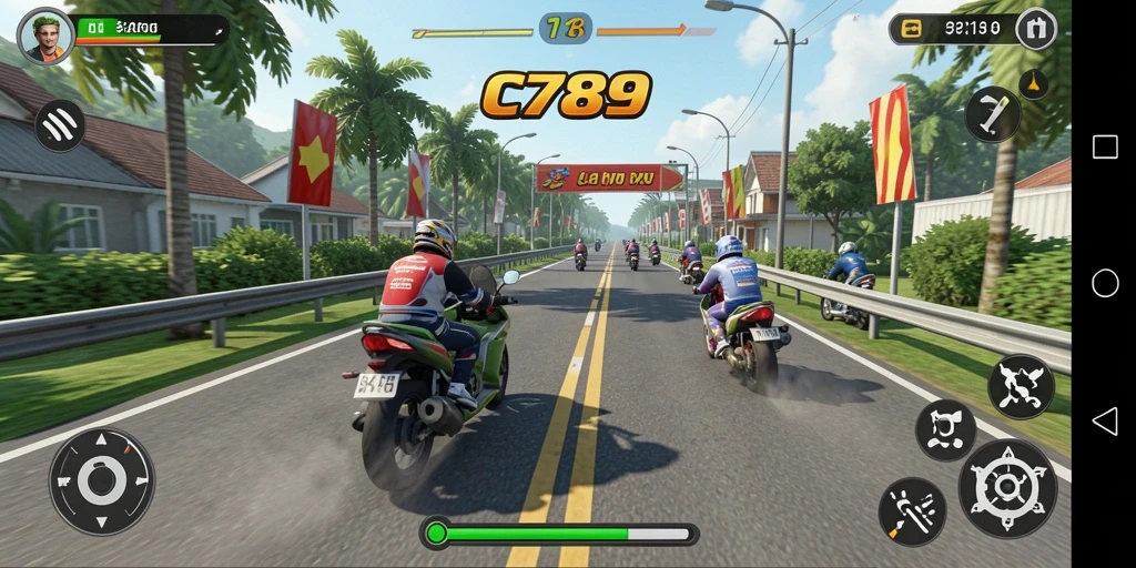 Screenshot utama C789 menampilkan aksi balapan mendebarkan.