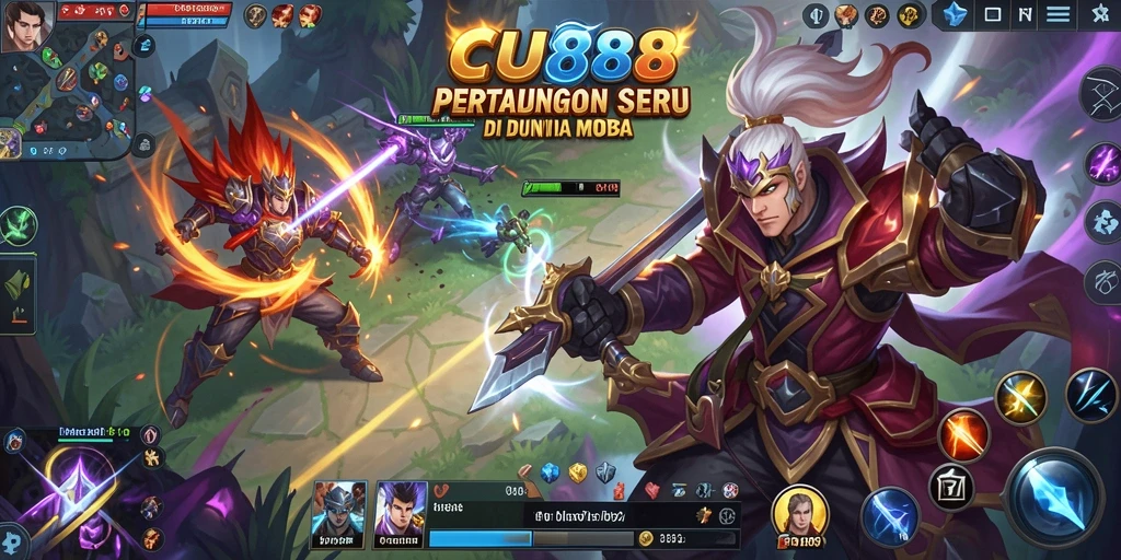 Tampilan layar pertempuran seru dalam game MOBA CU888.