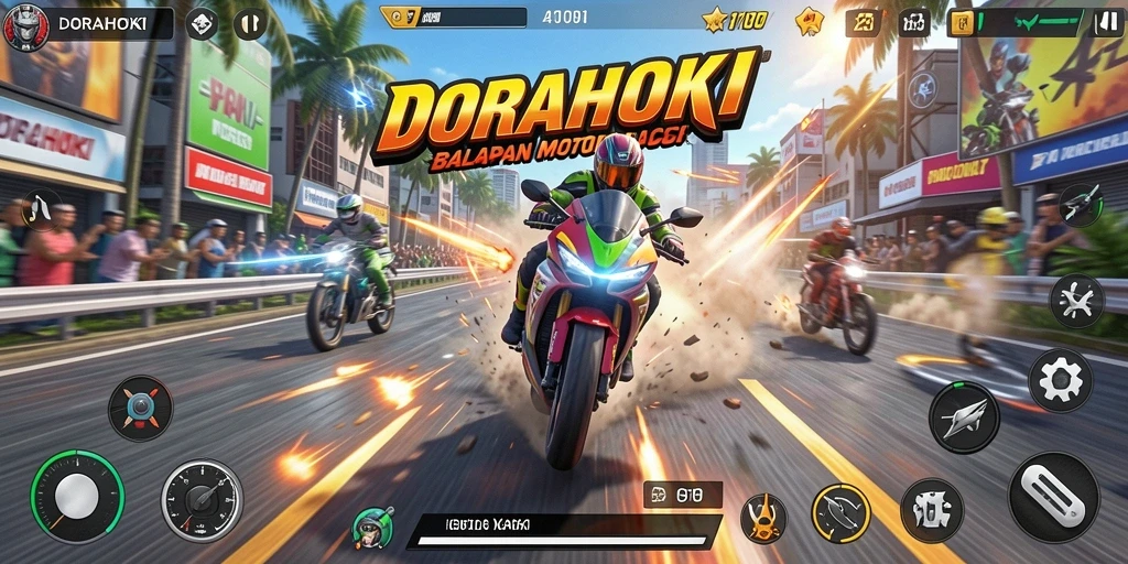Screenshot gameplay DORAHOKI menampilkan aksi balapan yang mendebarkan.