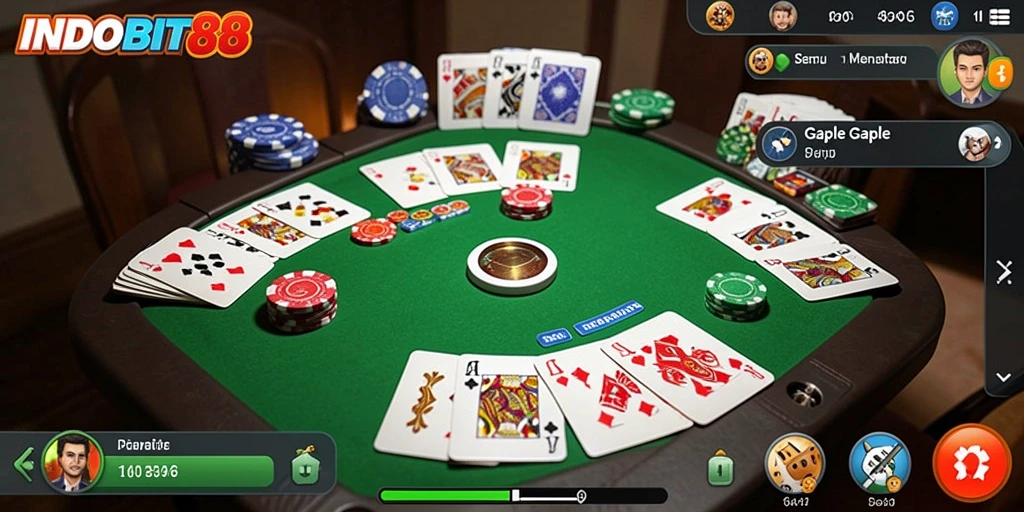 Screenshot gameplay menarik dari INDOBIT88 yang menampilkan kartu Gaple.