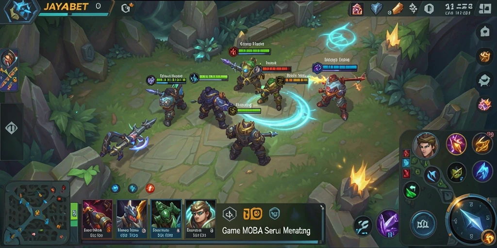 Screenshot gameplay <strong>JAYABET</strong> menunjukkan pertempuran seru antara tim di arena.