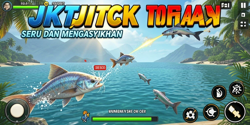 Tampilan screenshot JKTJKT yang menunjukkan aksi menembak ikan.