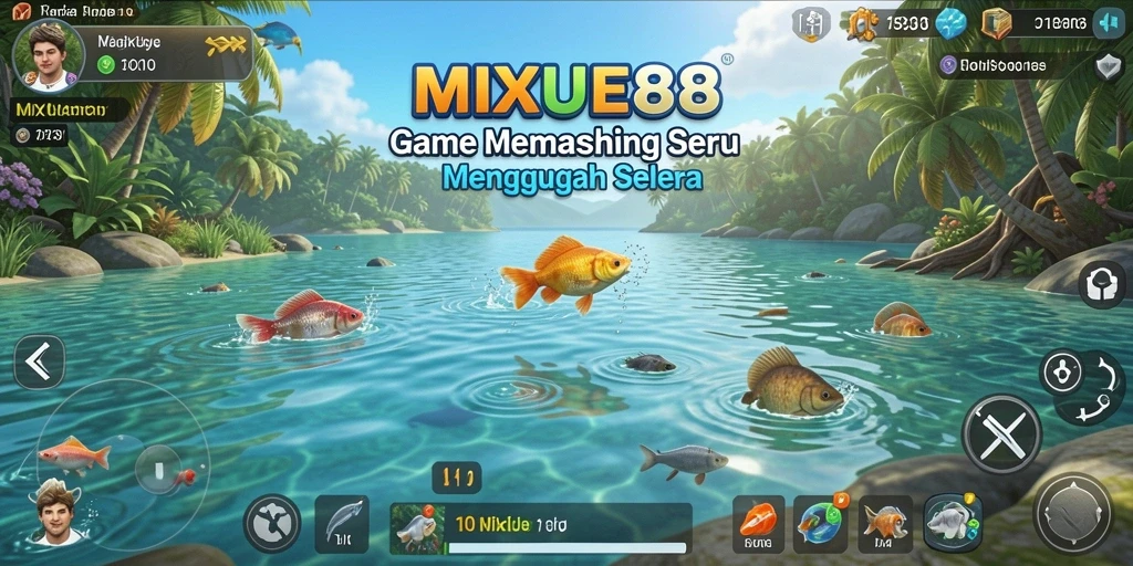 Screenshot utama MIXUE88 menampilkan aksi seru memancing ikan.