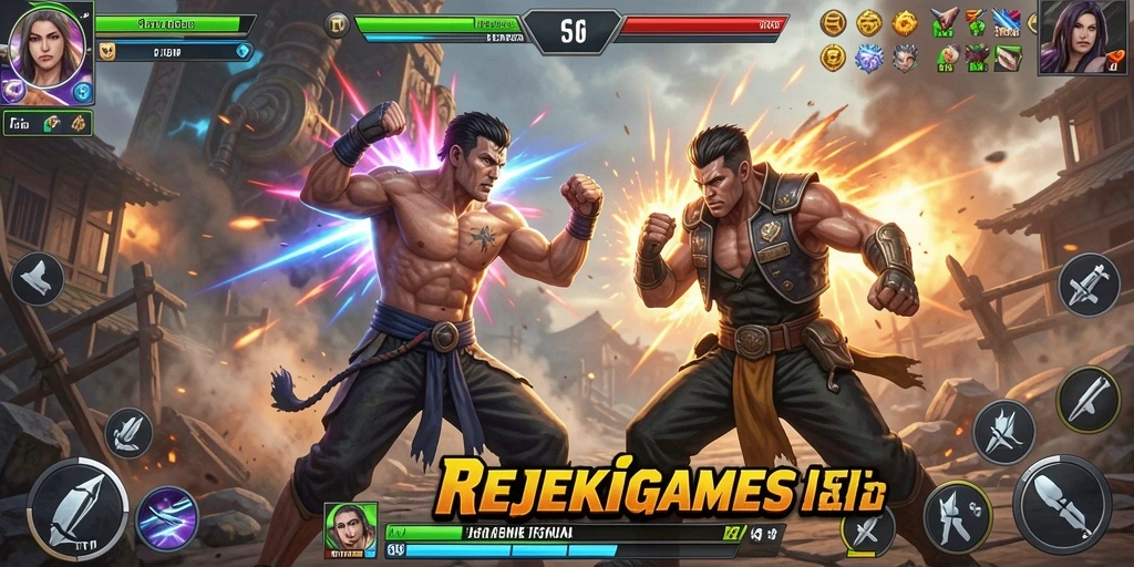 Tangkapan layar utama <strong>REJEKIGAMES</strong> menampilkan pertarungan seru dengan karakter yang beragam.